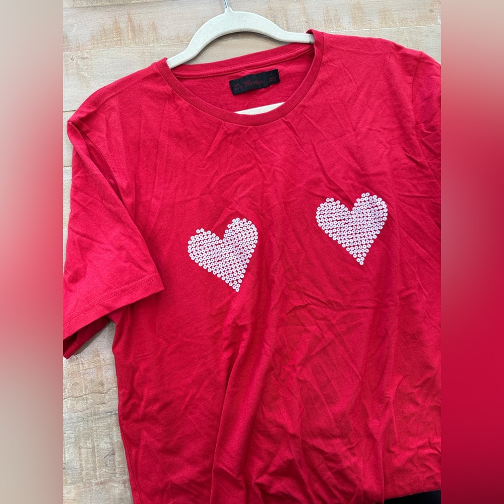 Dr. Martens Airwair red shirt sleeve graphic tee with sequins hearts